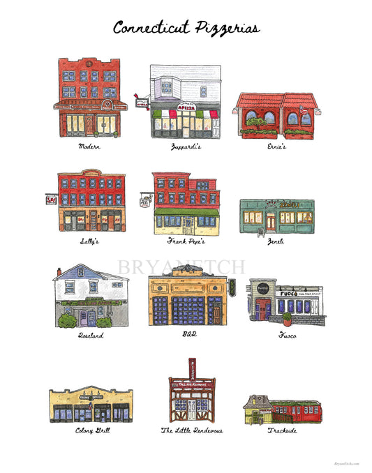 12 Connecticut Pizzeria Storefronts - 8x10" Watercolor Art Print by Bryan Etch