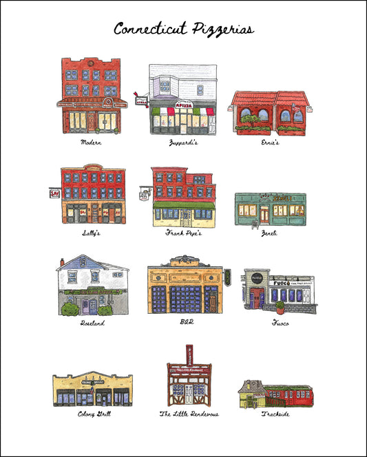 12 Connecticut Pizzeria Storefronts - 8x10" Watercolor Art Print by Bryan Etch