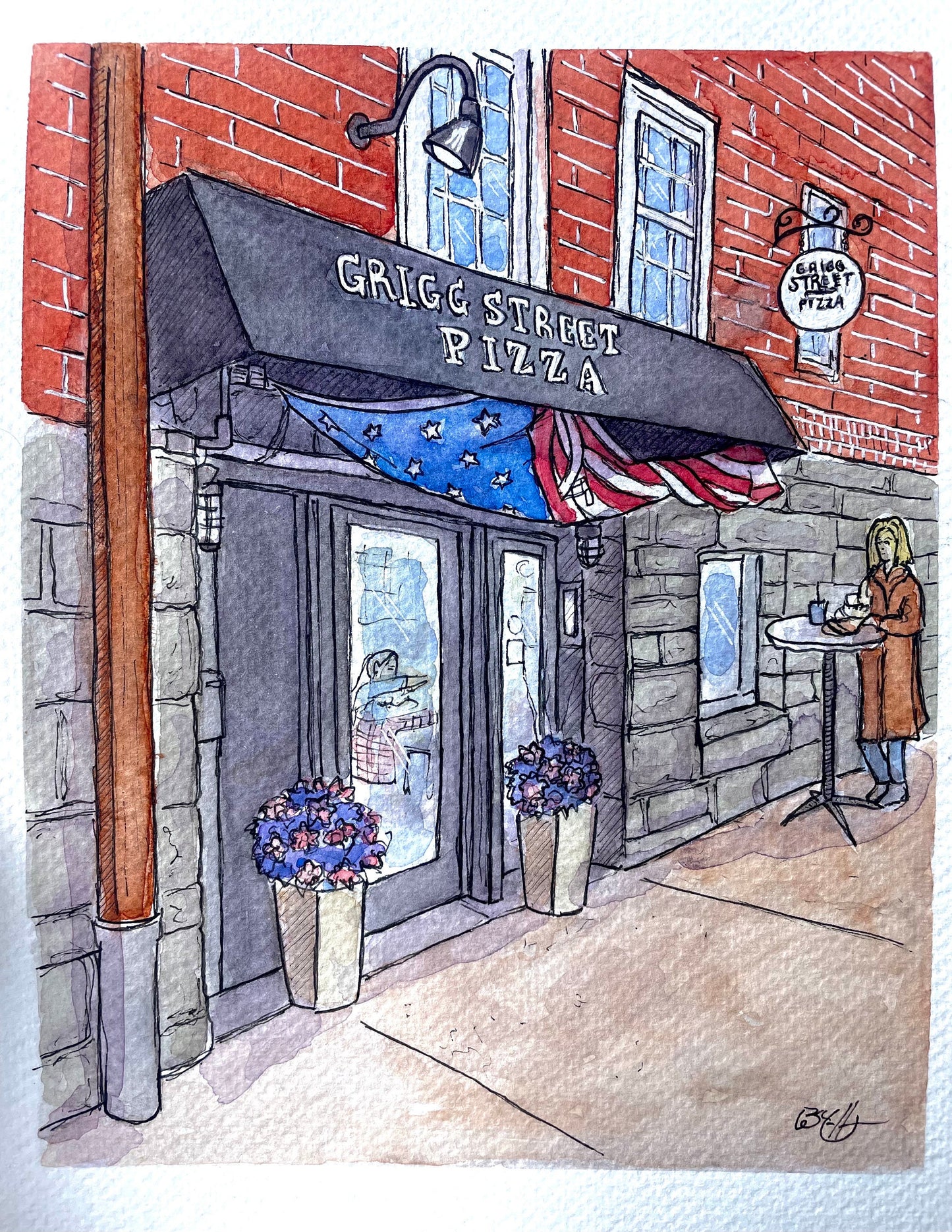 Grigg Street Pizza Watercolor 8x10" Art Print - Greenwich, Connecticut Pizzeria Painting by Bryan Etch