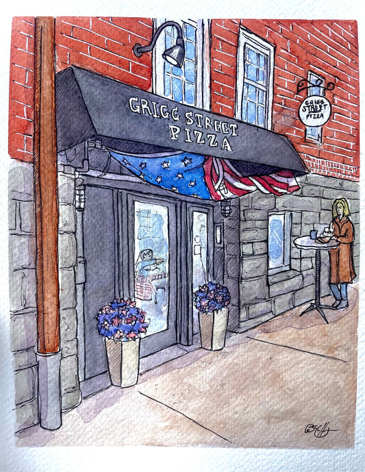Grigg Street Pizza Watercolor 8x10" Art Print - Greenwich, Connecticut Pizzeria Painting by Bryan Etch