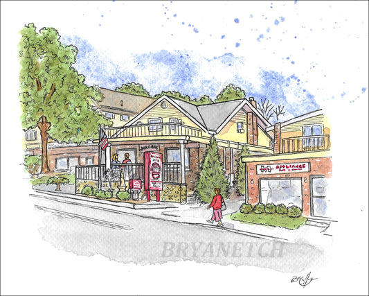 Jordan's Restaurant & Pizza Norwalk CT - 8x10" Watercolor Pizzeria Art Print by Bryan Etch
