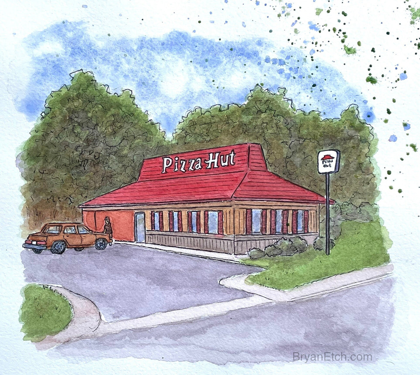 Pizza Hut - Original Watercolor Art by Bryan Etch - Classic Red Roof Dine-In Building - Nostalgic painting