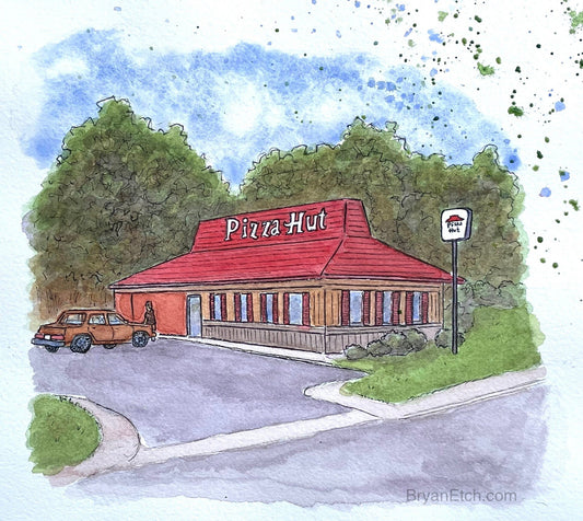 Pizza Hut - Original Watercolor Art by Bryan Etch - Classic Red Roof Dine-In Building - Nostalgic painting