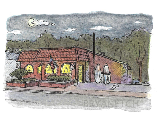 Ernie's Pizzeria Halloween - Westville New Haven CT Watercolor Art Print 8x10”
