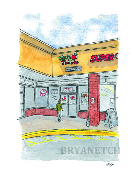 Tipsy Tomato Watercolor Art Print - 8x10" - Derby, Connecticut Pizzeria Painting by Bryan Etch