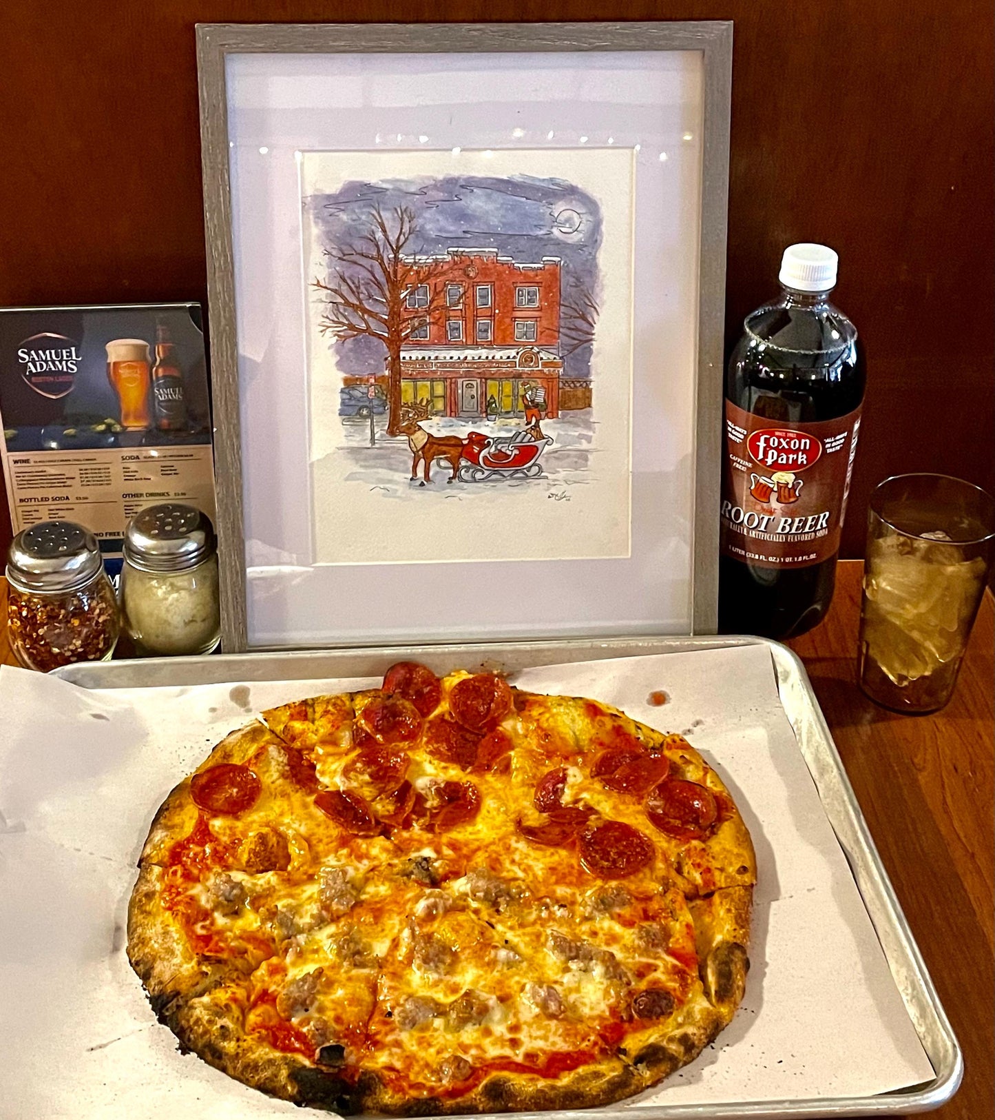 Modern Apizza Christmas New Haven, CT - 8x10" Watercolor Pizzeria Art Print by Bryan Etch