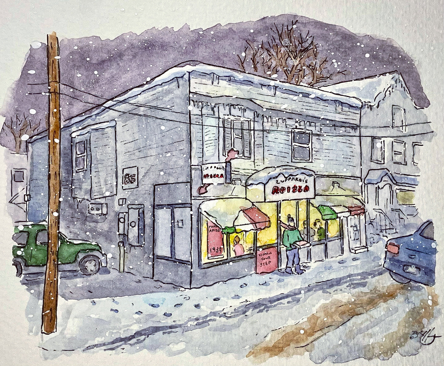 Zuppardi's Apizza Winter Watercolor - West Haven, CT - Original Painting