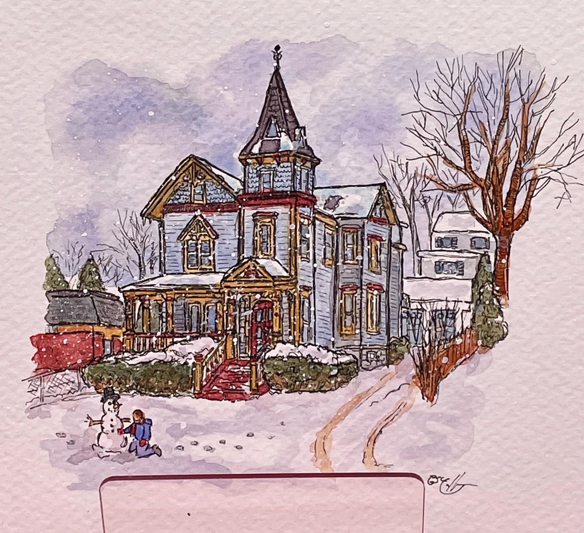 Danbury CT in the Snow Watercolor Series - Victorian Home - Original Watercolor Painting