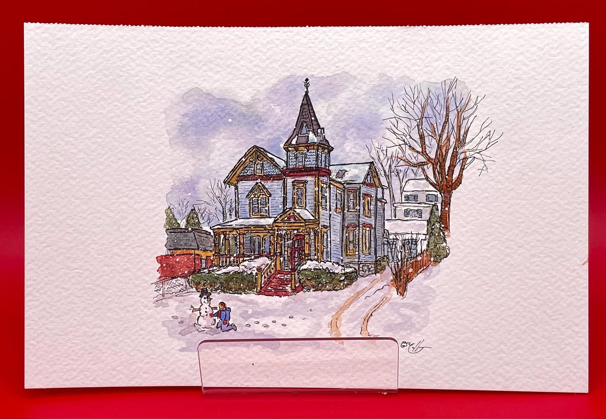 Danbury CT in the Snow Watercolor Series - Victorian Home - Original Watercolor Painting