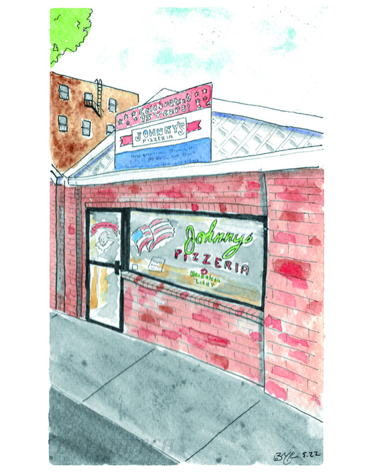 Johnny's Pizzeria Mt Vernon NY - 8x10" Watercolor Pizzeria Art Print by Bryan Etch