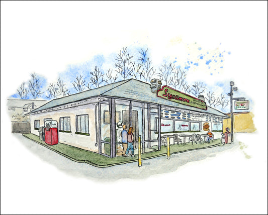 Sycamore Drive-In Bethel CT Watercolor 8x10" Print