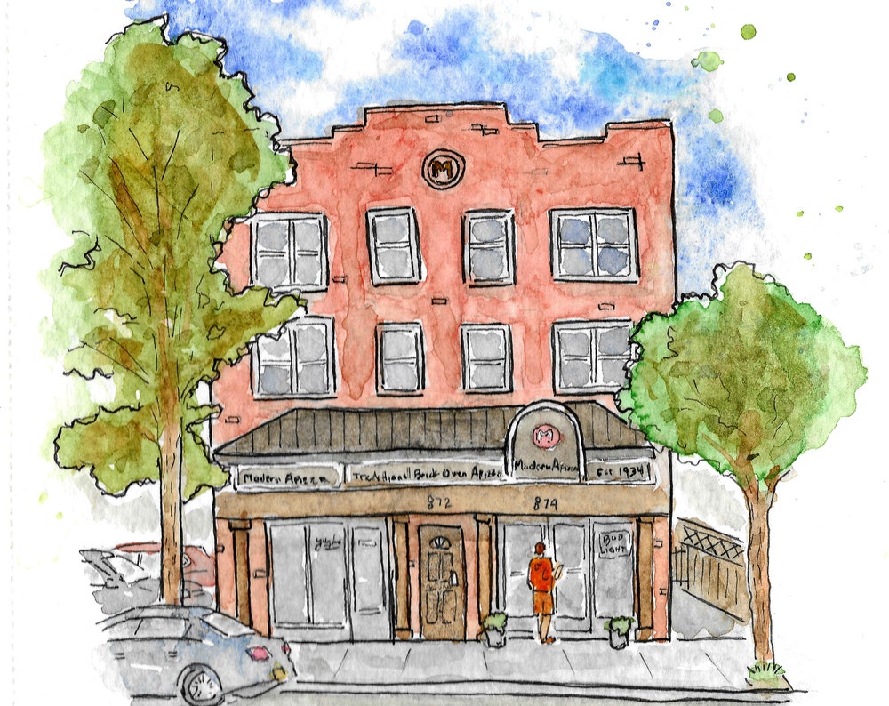 Modern Apizza New Haven CT - 8x10 Watercolor Pizzeria Art Print by Bryan Etch